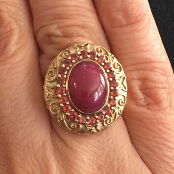Genuine ruby and orange garnet 18KGP on 925 silver ring - Picture 3 of 11